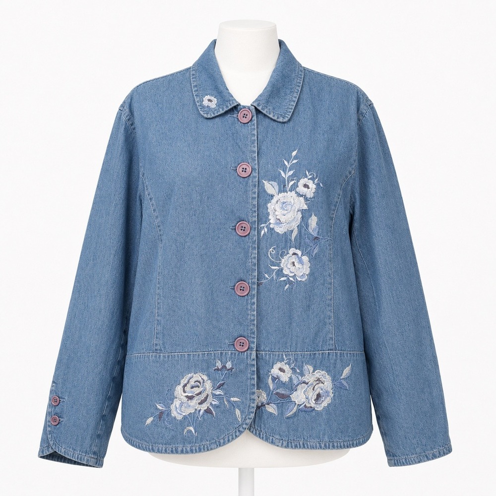 Vintage Y2K Floral Embroidered Denim Jacket Size XL P Button Lightweight Cottage